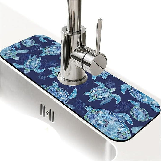 Kitchen Sink Splash Guard，Graceful sea turtle Faucet Mat Sink Gadgets-Super Absorbent Fast Drying Mat Drip Catcher for Kitchen, Bathroom,Sink Mat, Dish Drying Mat, Bathroom(15" X 5.5" )