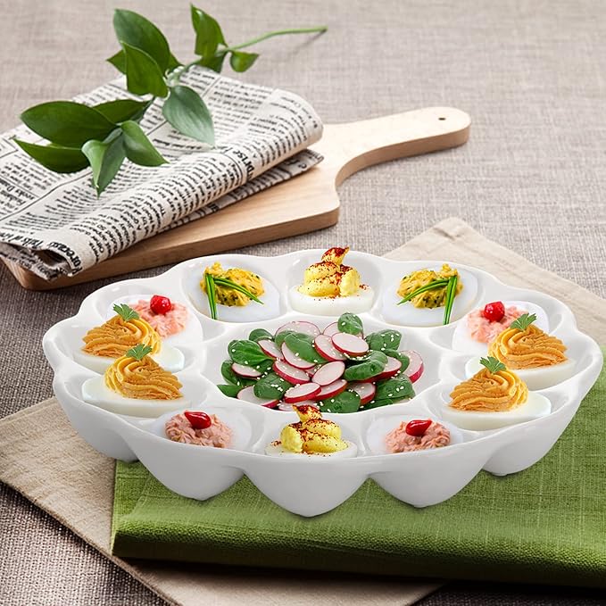 Hedume 2-Pack Ceramic Deviled Egg Platter Tray, 12-Cup Egg Dish, Refrigerator to Countertop Display, Dishwasher, Microwave, Freezer Safe