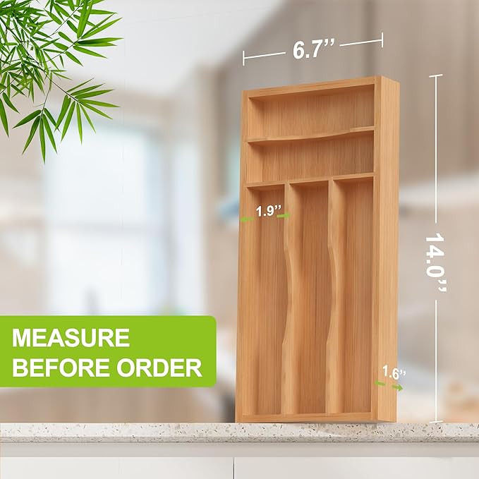 Bamboo Utensil Drawer Organizer with Removable Dividers, Kitchen Organizer for Flatware Cutlery, Silverware Tray for Drawer (5/4 Flexible Slots, Natural)