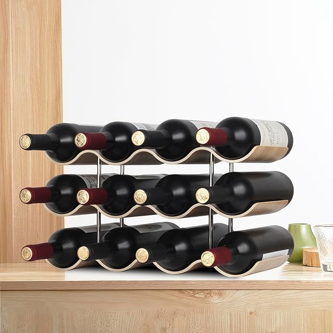 12 Bottles Wine Racks Countertop for Shelf, 3-Tier Wooden Wine Bottle Holder Stand, freestanding Wine Storage for Inside Cabinet Organizer for Home Décor, Bar and Pantry