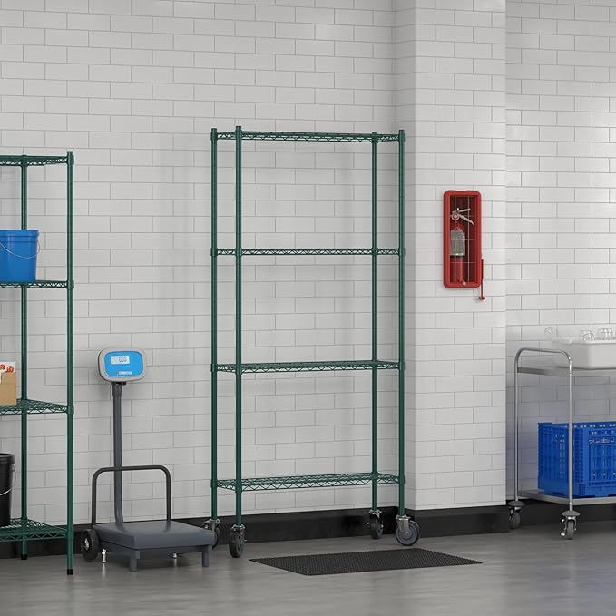 Commercial NSF Listed Green Epoxy Mobile Wire Shelving Kit 12" x 36" x 80", with 4 Shelves Perfect for Warehouse, Walk-in Refrigerator, Freezer, Grocery Store, Restaurant, Dishroom