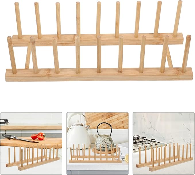Dish Drying Rack Small 8-Slot Plate Rack Organizer Wood Vertical Drain Holder for Kitchen Cabinet Bowl Pot Lid Storage