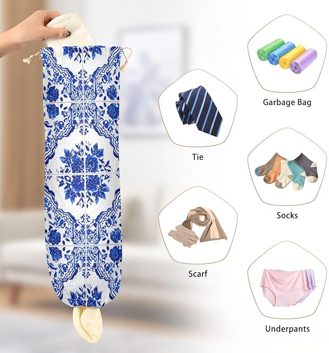 Plastic Bag Holder Wall Mount Grocery Bag Shopping Bag Storage Holder Organizer Dispenser with Adhesive Hook,for Kitchen Bathroom Home Decor 9x22 Inches Flowers Blue and White Geometric11
