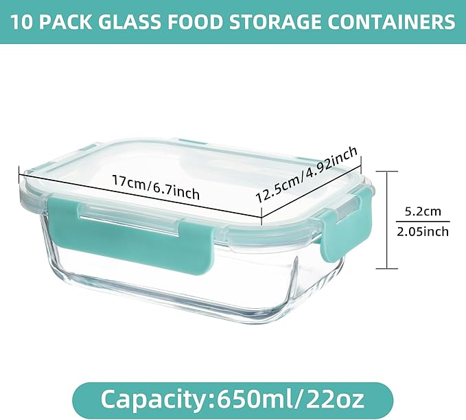 10 Pack 22 oz Glass Meal Prep Containers, Food Storage Containers with Lids, Airtight Leakproof Lunch Containers for Kitchen, Freezer, Microwave, Dishwasher Safe (Mint Green)