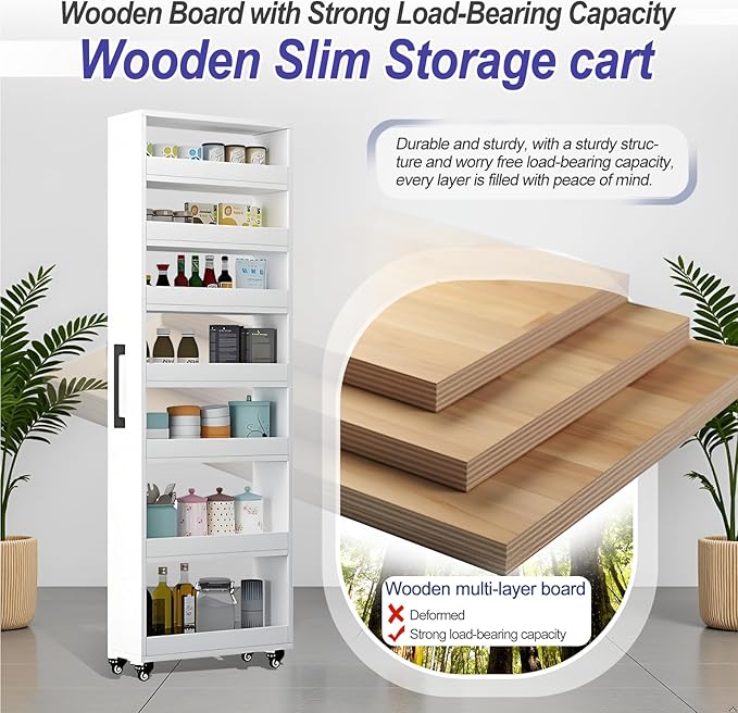 7-Tier Slim Storage Cart, Wooden Rolling Pantry Cabinet with Wheels, Narrow Shelf Organizer for Kitchen, Bakers Rack, Dining Room, Closet, Small Spaces Teak 47.2" H*9.8" W*16.9" D