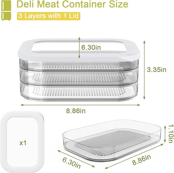 Cecnamt Stackable Deli Meat Container with Drainage Groove and Silicone Lid, Clear Refrigerator Storage Containers for Lunch Meats, Cold Cuts, Bacon, Cheese, BPA Free - 3 Layer