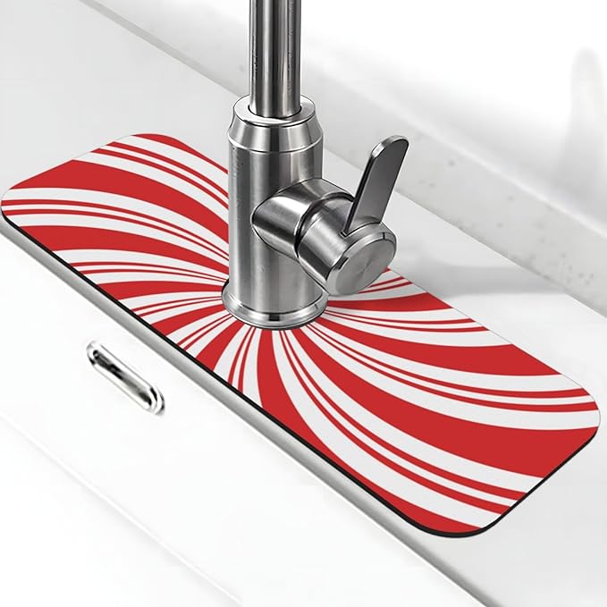 Red And White Candy Swirl Stripe Striped Mint Sugar Candy Cane Themed Kitchen Sink Splash Guard Faucet Mat Super Fast Drying Mat Sink Gadgets-Fast Drying Pad Sink Mat For Kitchen (15" X 5.5" )