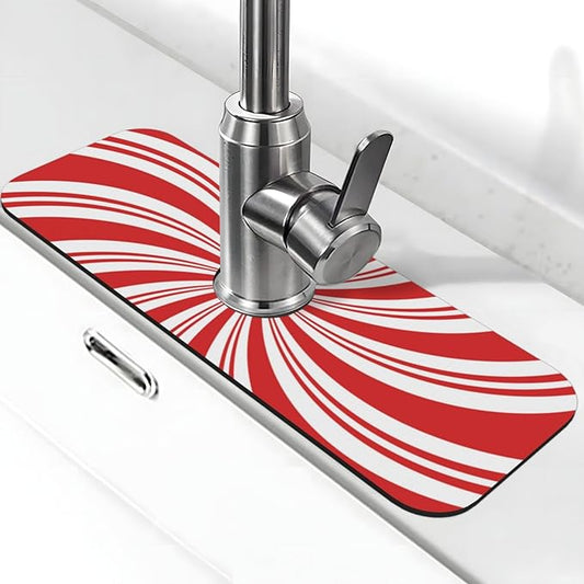 Red And White Candy Swirl Stripe Striped Mint Sugar Candy Cane Themed Kitchen Sink Splash Guard Faucet Mat Super Fast Drying Mat Sink Gadgets-Fast Drying Pad Sink Mat For Kitchen (15" X 5.5" )