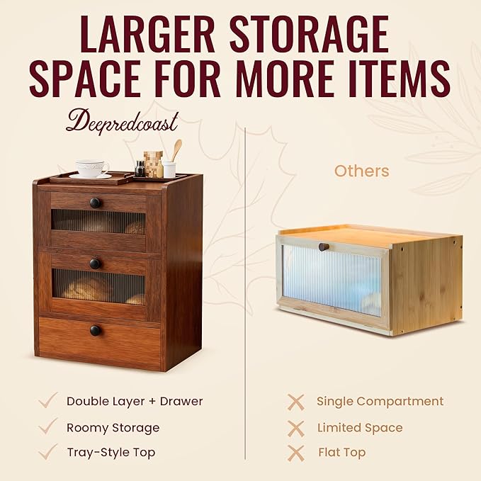 Bread Box for Kitchen Countertop, 3 Layer Farmhouse Countertop Bread Storage with Magnetic Closure Window Bread Storage Container Bin for Kitchen, Pantry (Brown)