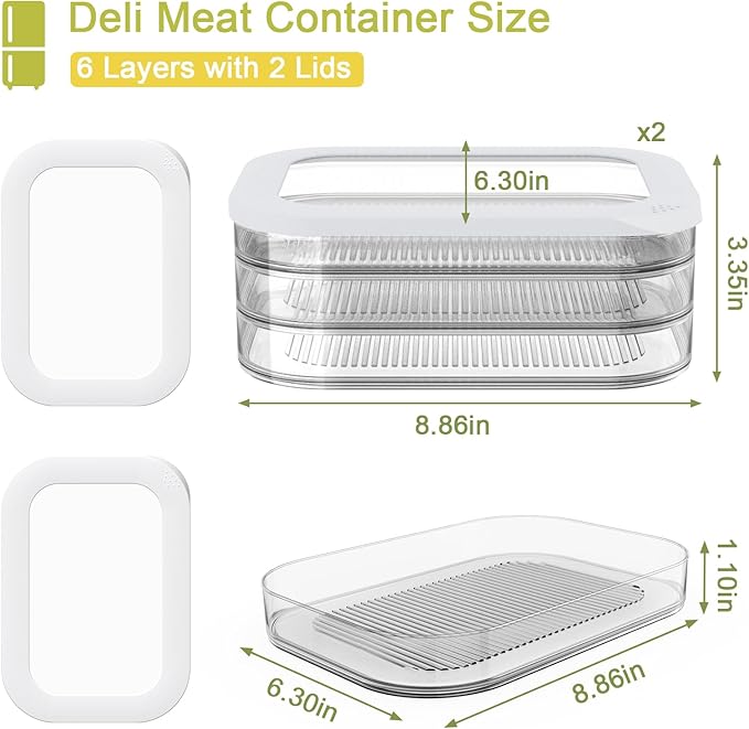 Cecnamt 6 Pcs Deli Meat Container for Fridge, Stackable Bacon Lunch Meat Container for Refrigerator, Food Storage Boxes with 2 Lids for Cold Cuts, Cheese, Lunchmeat, Salami, Meal Prep Containers
