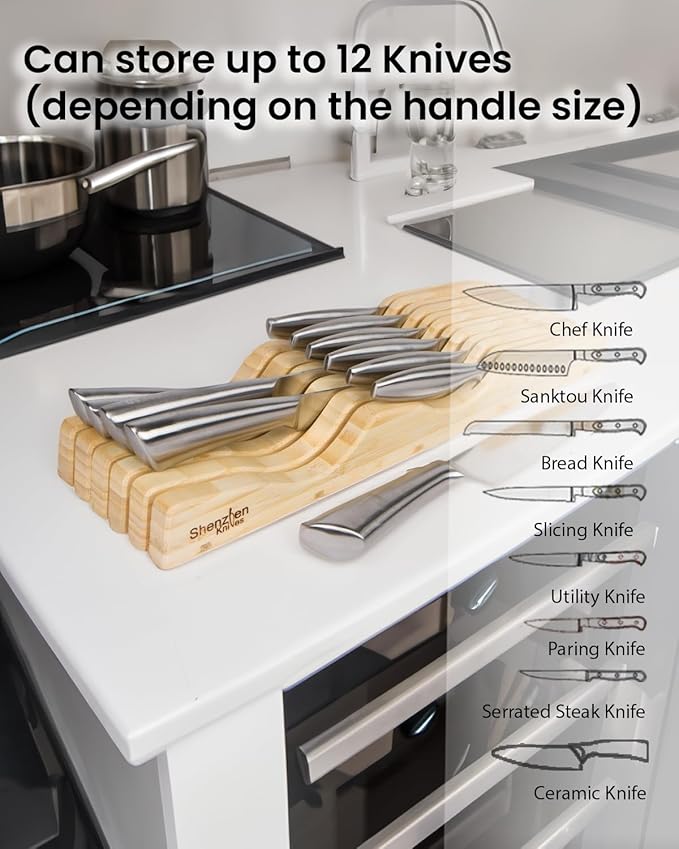 Shenzhen Knives Large In-Drawer Plastic Knife Block: 11 Slot (Holds 10-12 Knives) Empty Knife Holder for Kitchen Drawers - Cutlery Tray Organizer & Storage