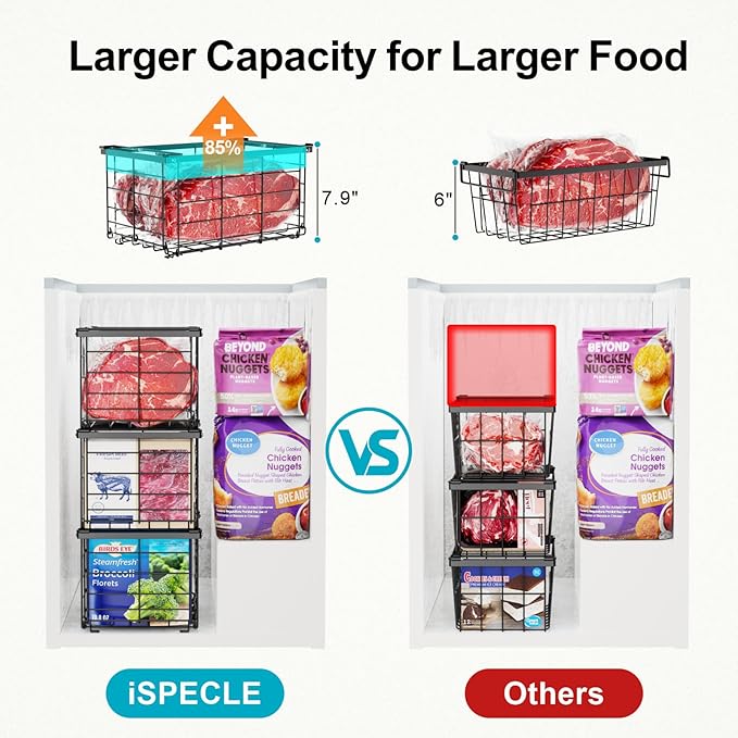 iSPECLE Freezer Organizer - for 5 to 7 Cu.Ft Chest Freezer, 6 Pack Easy Access Stackable Freezer Organizer Bins with Handles, Heavy Duty for Meat and Frozen Food, Assembly Required, Black
