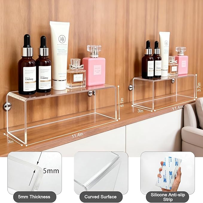 2-Pack Acrylic Medicine Cabinet Organizer, Clear Bathroom Shelves with 2 Non-Slip Pads for Vanity & RV Storage (1 x 11.4x3x3.7in+1 x 11.4x3x5.1in)