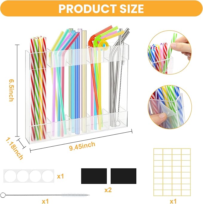 Acrylic Straw Holder for Cabinet Door - Clear Magnetic Straws Storage Container with Adhesive & Stickers, Reusable Straws Dispenser, Space-Saving Straw Organizer for Kitchen