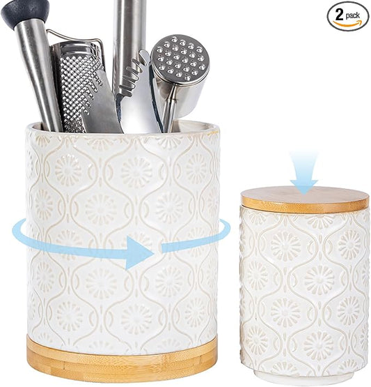 TEATALK Utensil Holder Set of 2, 7.7"+5.7" Ceramic Kitchen Utensil Holder for Countertop, Farmhouse Vintage Utensil Crock, 360° Rotating Large Utensil Organizer, White