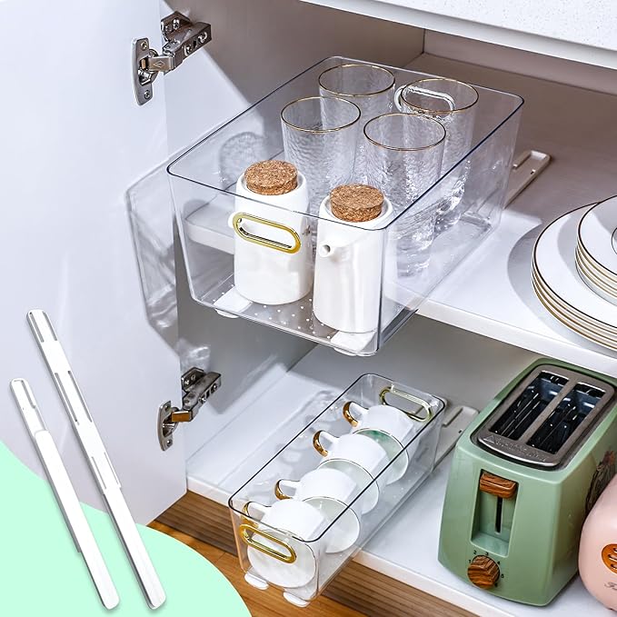 4 Pcs Adhesive Sliders for Cabinets Pull Out Drawer Organizer Accessories Basket Office Glide Cabinet Tracks Runner Adhesive Drawer Slides Pull Out Replace Guide Rail for Back to School