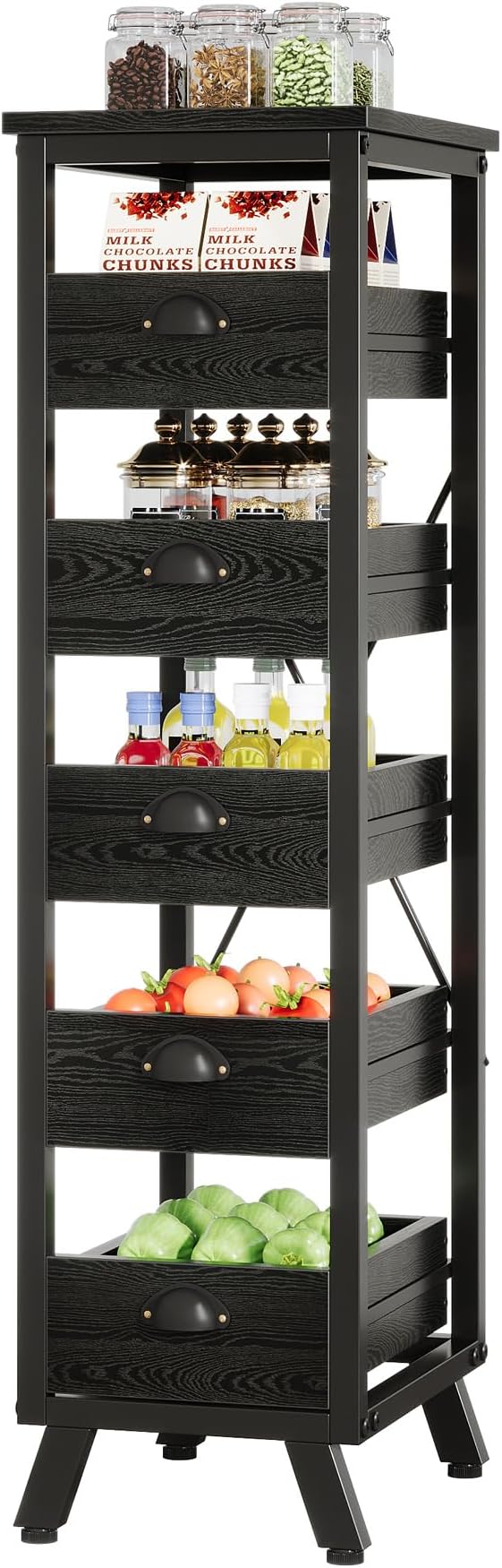Tribesigns Wood Fruit and Vegetable Storage Rack Set of 2, 5-Tier Narrow Snack Stand Kitchen Stand Fruit Basket, Pull-Out Utility Organizer for Kitchen, Living Room, Black