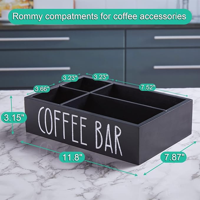 ALELION Coffee Station Organizer - Wood Countertop Accessories Organizer with Removable Dividers for Pods Condiment Syrup Tea Cups Stirrers - for Farmhouse Coffee Bar Decor