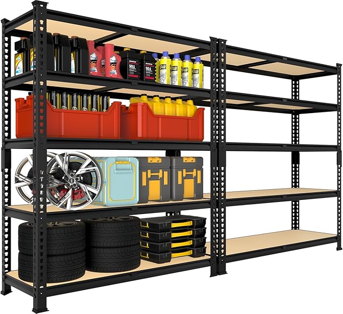 Heavy Duty Metal Storage Shelves - 35.5" W x 11.8" D x 72" H 5 Tier Adjustable Garage Shelving Unit, Industrial Utility Rack Shelf for Warehouse, Pantry, Kitchen, Black, 2 PCS