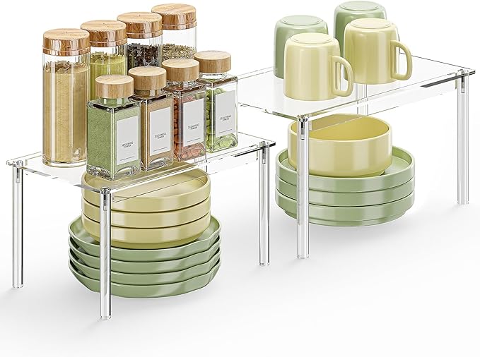 Delamu Cabinet Organizer Shelf for Kitchen, Set of 2 Acrylic Shelf Riser for Dish Organizer, Stackable Cabinet Riser for Counter, Pantry Organization and Storage, Clear