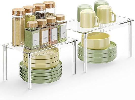 Delamu Cabinet Organizer Shelf for Kitchen, Set of 2 Acrylic Shelf Riser for Dish Organizer, Stackable Cabinet Riser for Counter, Pantry Organization and Storage, Clear