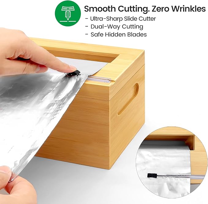 24" Bamboo Paper Roll Dispenser with Sliding Cutter & Roller – Fits Butcher, Kraft, Freezer Paper, Foil & Plastic Wrap – Heavy-Duty Kitchen & Restaurant Organizer