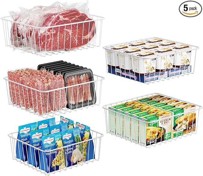 iSPECLE Upright Freezer Organizer Bins - 5 Pack Small Freezer Baskets for 5 / 6 / 6.5 / 6.8 / 7 cu.ft Upright Freezer Easy Get, Food No More Slide off, Allow Air Circulation for Quick Freezing, White