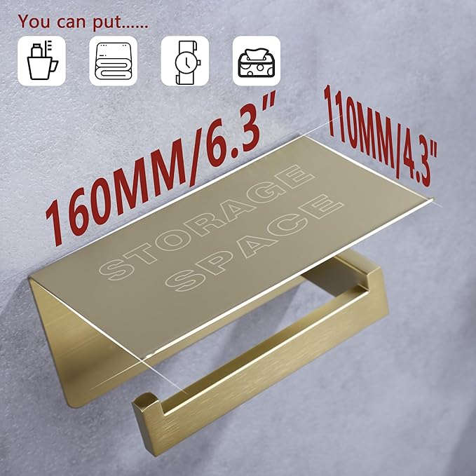 LANC Gold Toilet Paper Holder with Shelf, Adhesive or Screw Toilet Paper Roll Holder with Shelf for Bathroom Wall Mount, Stainless Steel Tissue Holder Dispenser,Brushed Gold Left, A8367BG-LF
