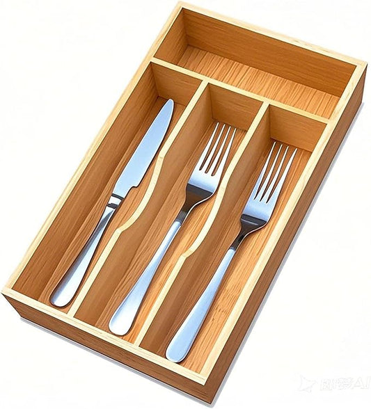 Bamboo Kitchen Drawer Silverware Organizer, 7 Inch Silverware Utensils Tray Holder for Small Drawer, Wood Caddy for Flatware Cutlery Knives 4-Slots