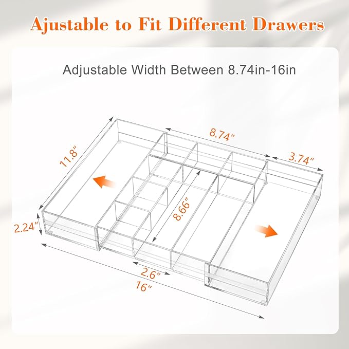 1 PC Acrylic Desk Drawer Organizer 2 Inch Height Expandable Drawer Organizer Trays with 8 Adjustable Compartments Desk Accessories for Makeup Silverware Office Bathroom(Clear,Elegant)