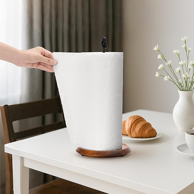 Wood Paper Towel Holder Countertop, Easy Tear Farmhouse Kitchen Towel Holder for Dining Table, Cute Bird Shaped with Anti Slip Weighted Base