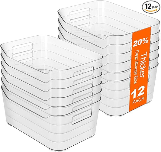 Hudgan 12 Pack Clear Storage Bins for Fridge, Plastic Pantry Organizer Containers for Home, Kitchen Cabinet, Freezer, Bathroom Shelf, Under Sink and Closet