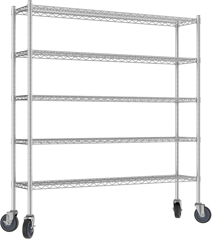 Commercial NSF Listed Chrome Mobile Wire Shelving Kit 12" x 54" x 60", with 5 Shelves Perfect for Warehouse, Walk-in Refrigerator, Freezer, Grocery Store, Restaurant, Dishroom