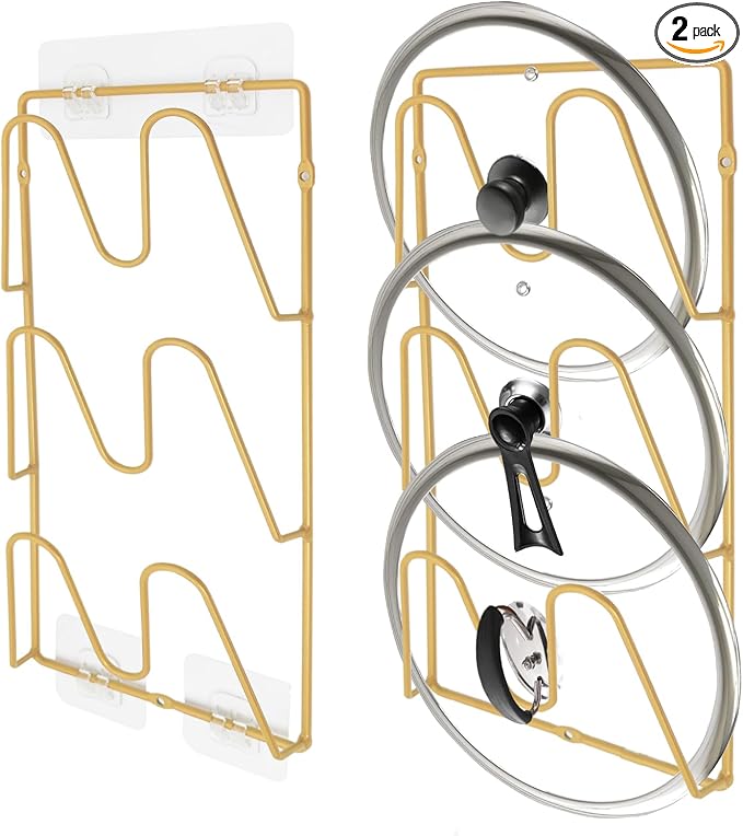 UpChoNice 2 Pack Pot Lid Organizer Rack, 6 Tier Hanging Pot Lids Holder Inside Cabinet Door, No Drilling Adhesive Wall Mounted Pan Lid Organizer, Kitchen Cooking Lid Storage Rack for Cupboard (Gold)
