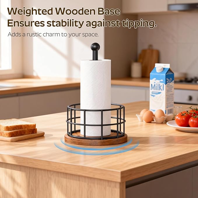 Paper Towel Holder, Kitchen Paper Towel Holder for Countertop, Paper Towel Stand with Wooden Base, Freestanding Kitchen Roll Holder, for Standard Size Rolls, Rustic Brown CJ05BR