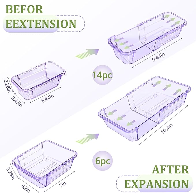 20 Pcs Adjustable Clear Drawer Organizer, All Extendable Vanity Storage Bins, Desk Drawer Organizer Set for Makeup, Cosmetics, Bedroom, and Gadgets, Purple