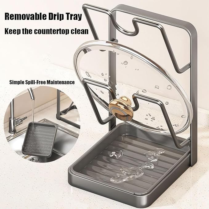 GDSAFS Kitchen Pot Lid Storage Rack, Pot Lid Holder With Tray, Lid Holder While Cooking, Lid And Spoon Rest, Multifunctional Kitchen Organizer Stand for Stove Top (Gray, Double-layer)