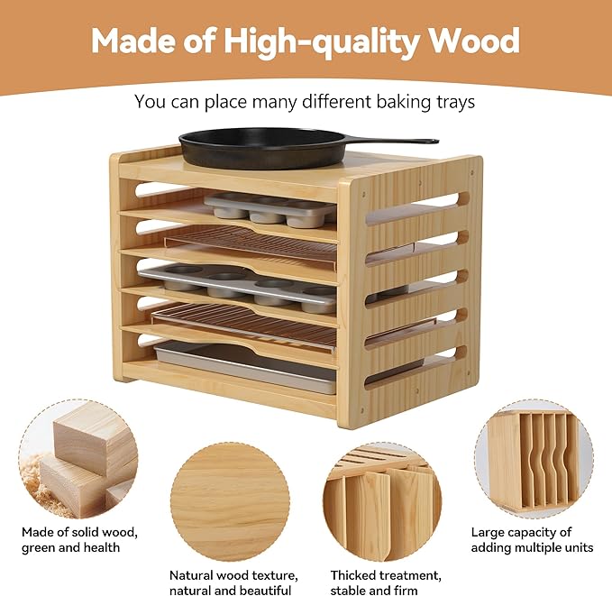 tonchean Wooden Cabinet Tray Dividers 6 Tier Baking Cookie Sheet Organizer Kitchen Vertical Tray Divider Organizer for Pots, Cutting Board, Pans, Kitchen Organizers and Storage