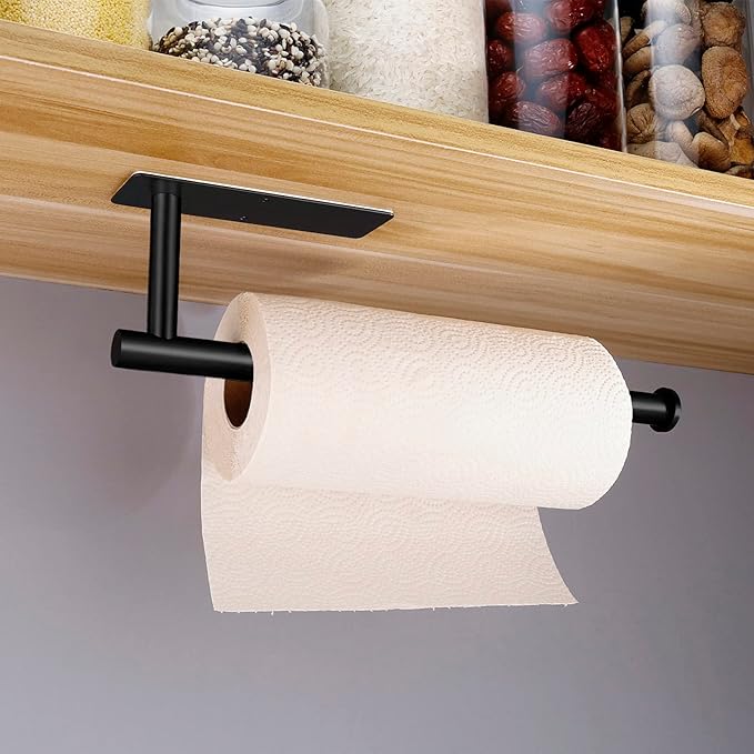 Paper Towel Holder, Under Cabinet Paper Towel Roll Holder Self Adhesive or Drilling, Wall Mounted Matte Black Paper Towel Rack for Kitchen, Bathroom, SUS304 Stainless Steel