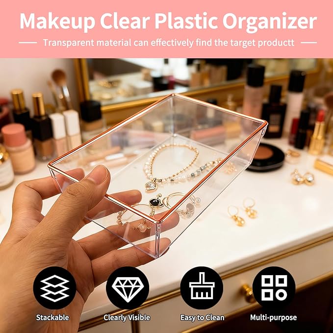 6 Pack Large Size Clear Stackable Drawer Organizer Trays, Rose Gold Rim Makeup Drawer Storage Tray Divider, Desk Storage for Makeup, Jewelry, Bathroom, Stationary, Kitchen Utensils and Office Desk