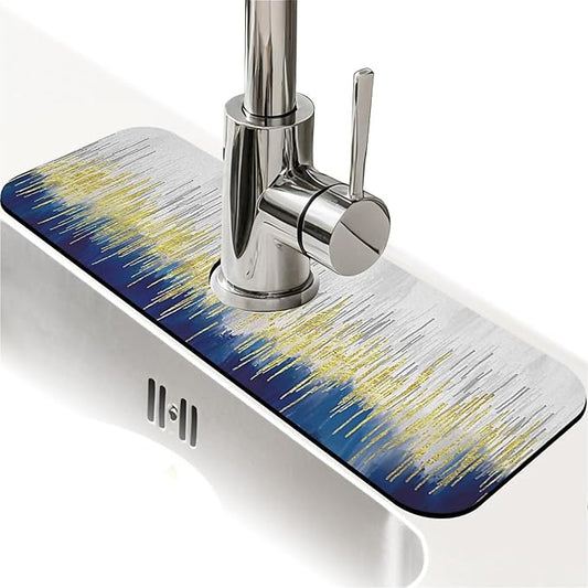 Kitchen Sink Splash Guard，Blue and Gold Graffiti Faucet Mat Sink Gadgets-Super Absorbent Fast Drying Mat Drip Catcher for Kitchen, Bathroom,Sink Mat, Dish Drying Mat, Bathroom(15" X 5.5" )