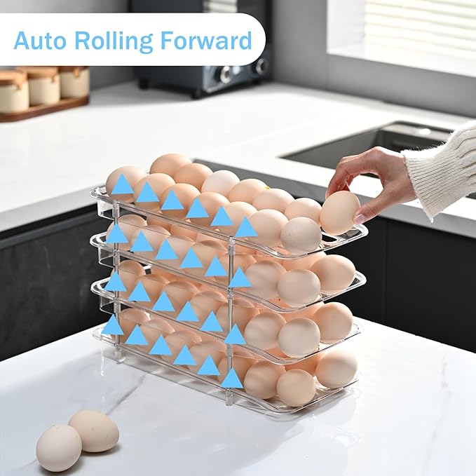 STORICANS Egg Holder,4 Tier Clear Organizer with Auto-Roll Design, Adjustable Height Egg Storage Container Holds Up to 56 Eggs for Refrigerator,Kitchen Cabinet