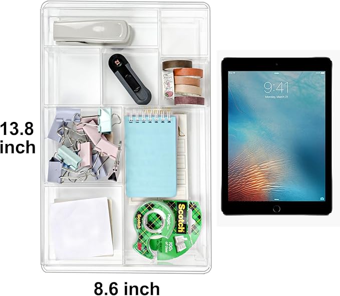 8-Section Clear Drawer Organizer, Large Acrylic Drawer Divider Tray for Desk,Bathroom,Office Makeup,Junk, Plastic Drawers Organizer 13.7" x 8.7" x 2" (8-Section)