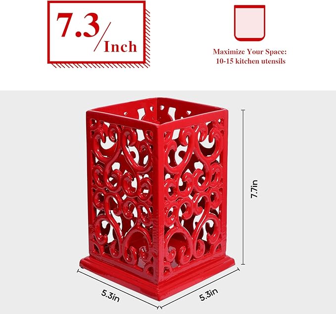 jogreful Utensil Holder, Cast Iron Kitchen Utensil Crock for Countertop, Extra Large Utensil Organizer with Weighted-Base, Housewarming Vintage Decor, Vine Pattern, Red