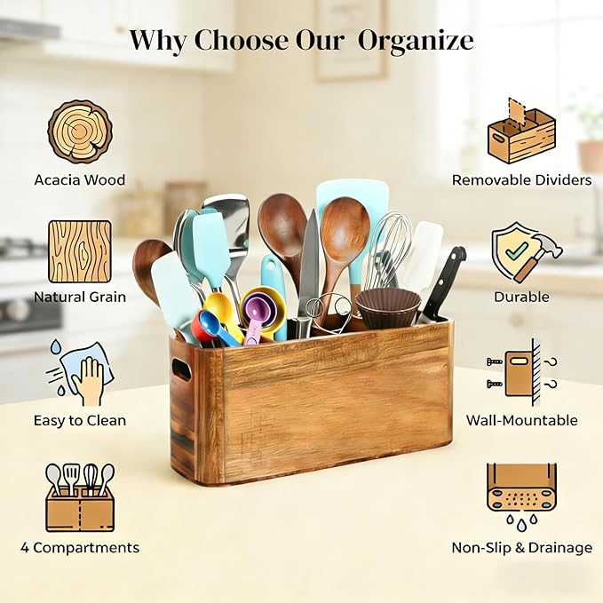 Large Wooden Utensil Holder for Kitchen Countertop - 4 Compartment Acacia Wood Organizer & Utensil Caddy for Cooking Tools, Wall Mountable