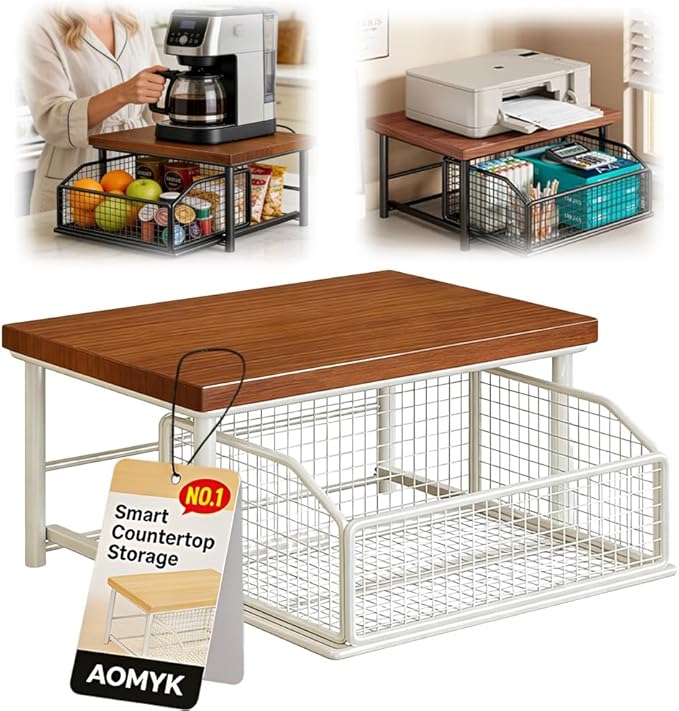 Kitchen Countertop Organizer with Drawer and Wire Basket, Microwave Cart Stand with Sliding Storage Shelf, Space-Saving Counter Organizers Rack, Compact 2-Tier Shelf for Coffee Maker(Teak-White)