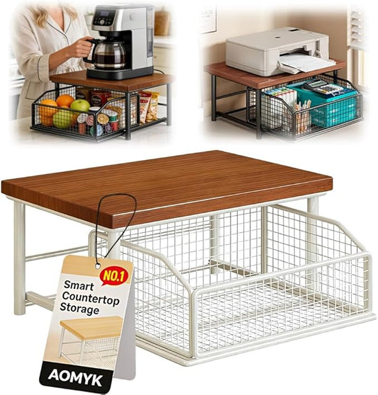 Kitchen Countertop Organizer with Drawer and Wire Basket, Microwave Cart Stand with Sliding Storage Shelf, Space-Saving Counter Organizers Rack, Compact 2-Tier Shelf for Coffee Maker(Teak-White)