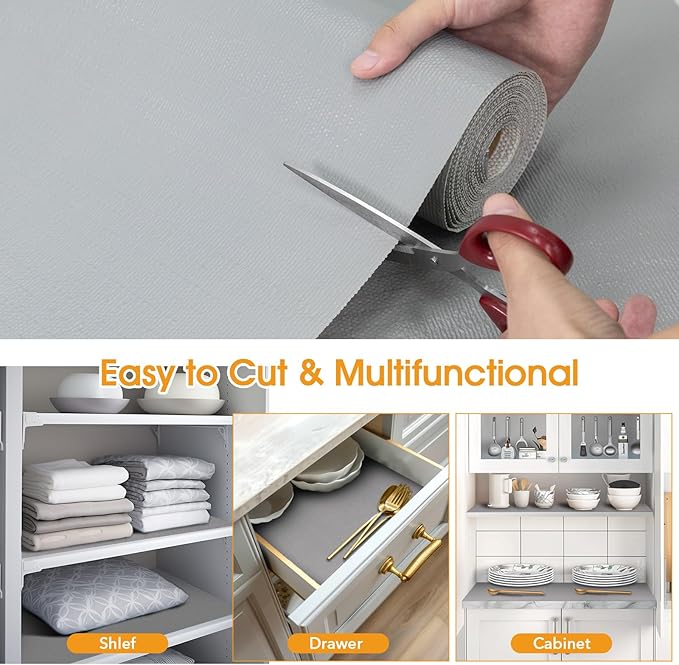 Shinlendid Shelf and Drawer Liner for Kitchen Cabinets Non-Adhesive, Strong Grip Non-Slip Thickened Cabinet Liners for Shelves, Waterproof Mats for Dresser Cupboard, Pure Gray, 12 in x 30 Feet