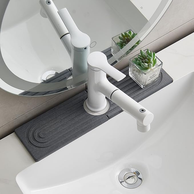 ODE TO ORDER Stone Faucet Mat for Kitchen Sink Bathroom Counter. 15.7 Inch Dark Grey Diatomite Water-Absorbing Drying Stone Mat, Sink Stone Tray Protector,Prevent Moisture Sink Splash Guard