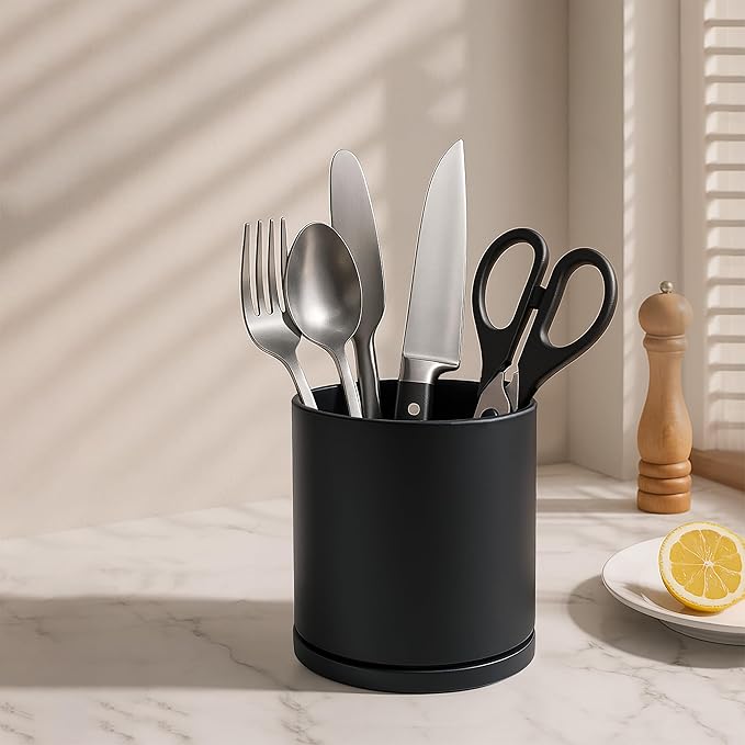 D'vine Dev 360° Rotating Utensil Holder – 5" Kitchen Utensil Crock for Countertop, Modern Cooking Tool Organizer for Kitchen Storage & Décor, Set of 2, Black, 72-Y-B-1